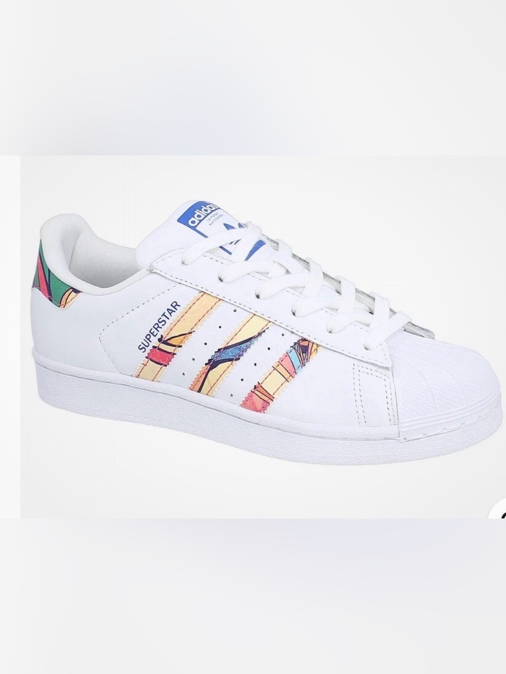 adidas White Sneakers with Multicolor Patterned Three-Stripes
